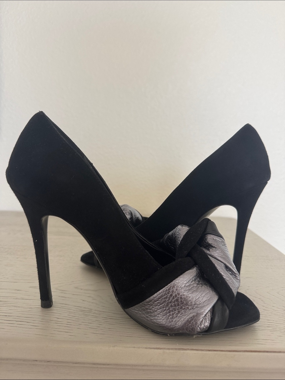 Black Suede Peep-Toe Heels with Metallic Silver Knot Detail